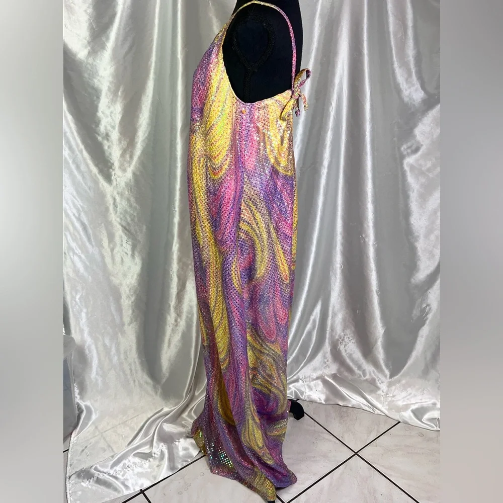 Asymmetrical Pink+Yellow Swirl One Shoulder Disco-Inspired Prom/Party Maxi Dress - Picture 3 of 8